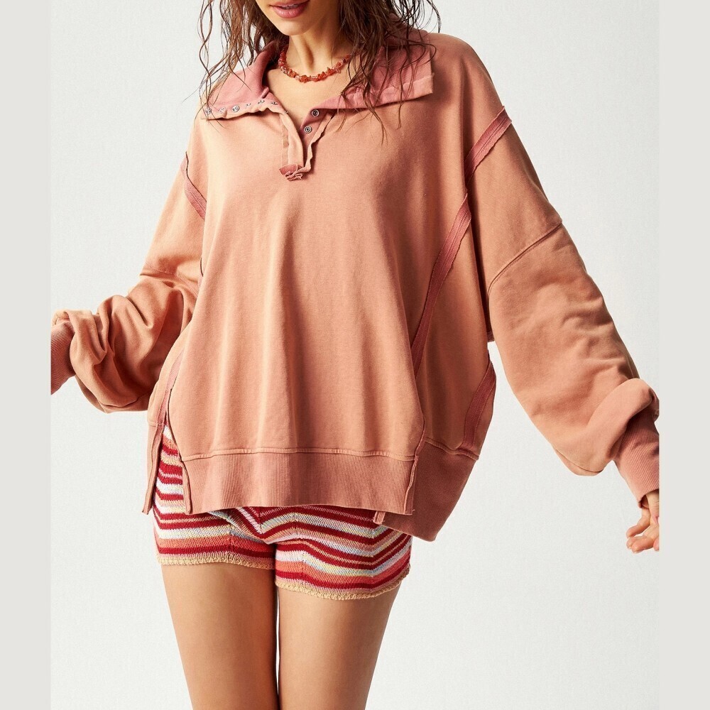 Terracotta Exposed Raw Seam Button Collar Oversized Henley Sweatshirt